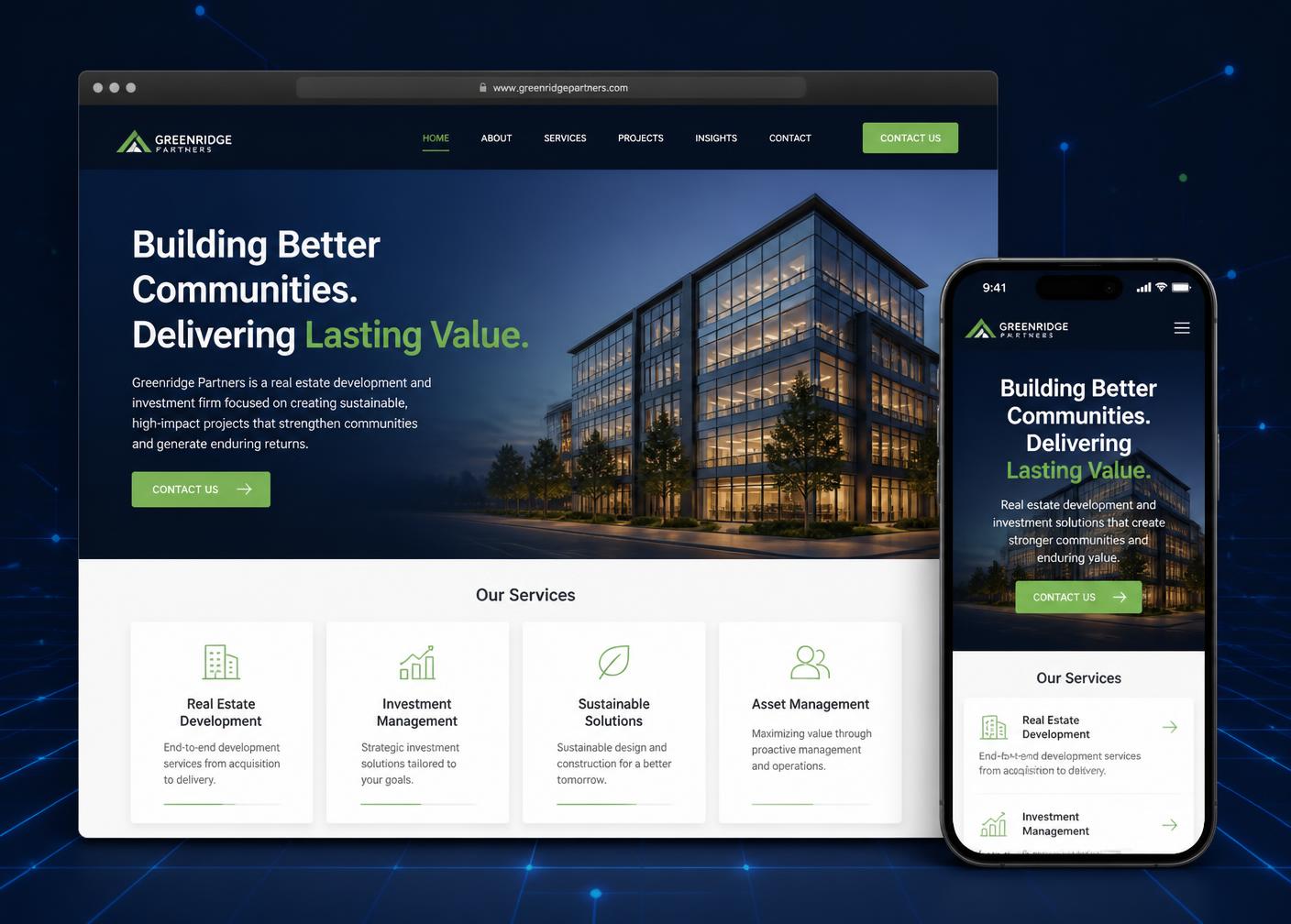 Exemplo conceitual de site empresarial em versão desktop e mobile