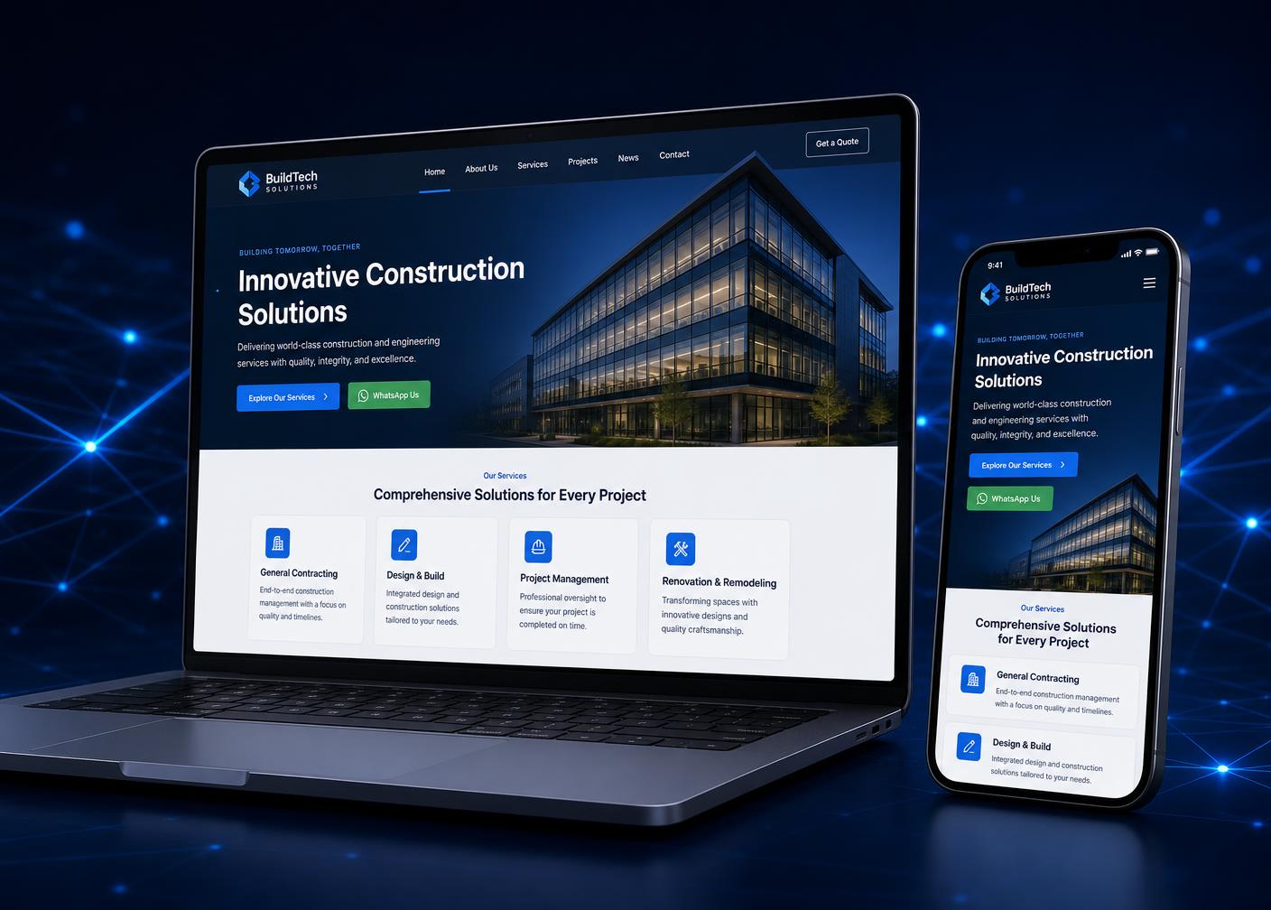 Exemplo visual de site profissional exibido em notebook e celular